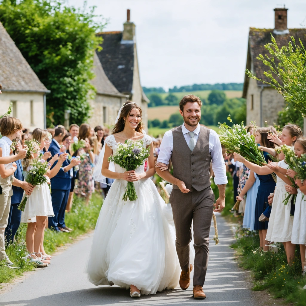 Un cortège de mariage en Normandie traverse un village, entouré de voisins tenant des fleurs, des branches et des poireaux pour former une haie d’honneur. Le couple avance souriant, avec une vieille voiture et des maisons rurales en arrière-plan, dans une ambiance festive et chaleureuse.