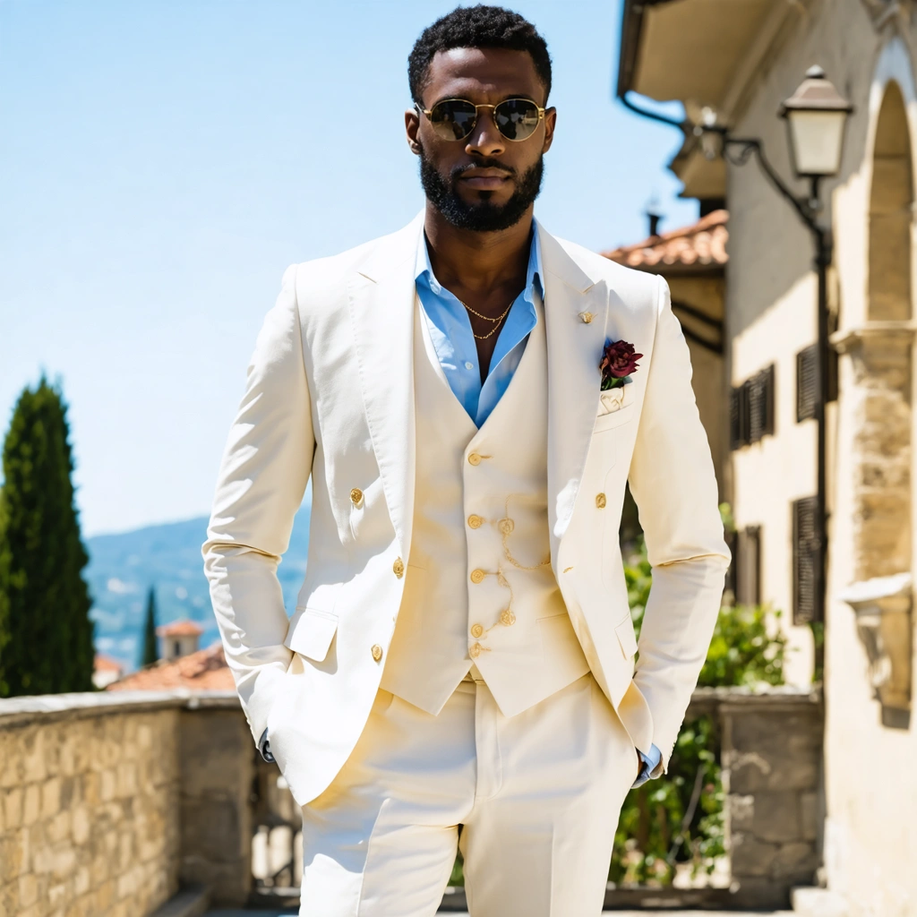 Homme élégant portant un costume trois pièces italien crème et une chemise bleu ciel, se promenant dans une rue ensoleillée de Florence avec une allure raffinée et décontractée.