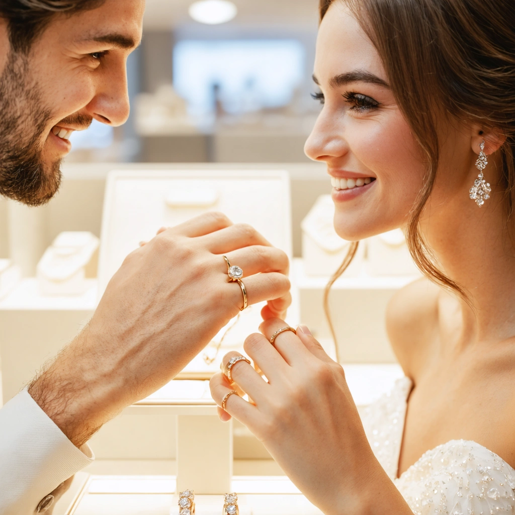 Un couple complice choisit ensemble leurs alliances dans une bijouterie, souriant et se tenant la main devant une vitrine de bagues assorties.