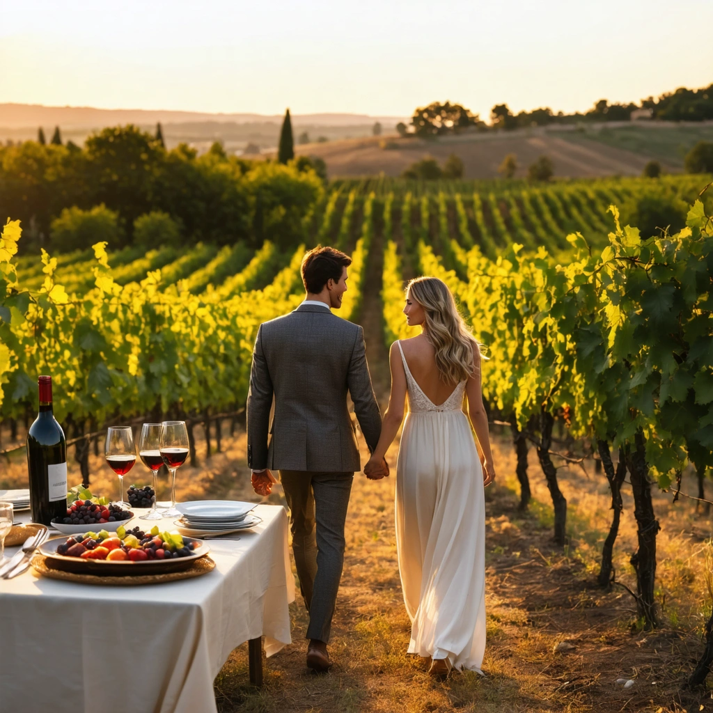 Un couple romantique marche main dans la main dans un vignoble secret en France, avec une table dressée pour une dégustation gourmet au milieu des vignes à la lumière dorée du coucher du soleil.