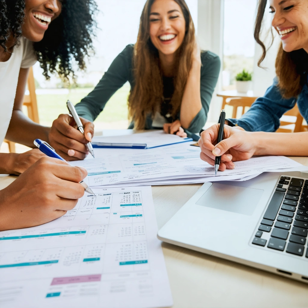 Un groupe de personnes souriantes réuni autour d'une table, en train de planifier les premiers préparatifs d'un mariage avec des documents, un ordinateur portable et un calendrier.