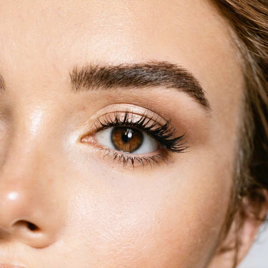 Gros plan sur un œil féminin maquillé avec un trait d’eyeliner brun ou taupe fondu au ras des cils, créant un effet liftant et doux, sans trait épais ni excès.