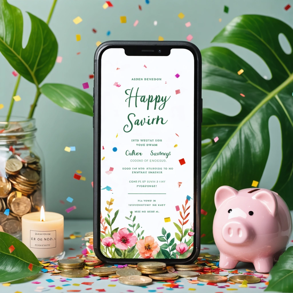 Une invitation numérique festive affichée sur un smartphone, entourée de confettis colorés, de petites pièces de monnaie et de feuilles vertes symbolisant l’écologie et les économies, créant une ambiance joyeuse et élégante sans texte visible.