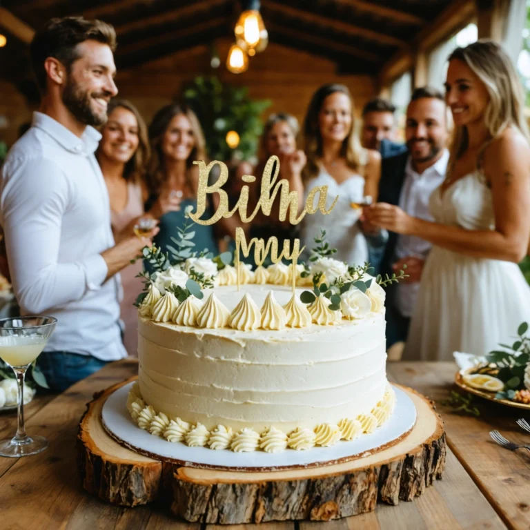 Un gâteau de mariage personnalisé et abordable, joliment décoré avec des figurines, exposé sur une table lors d'une réception joyeuse.