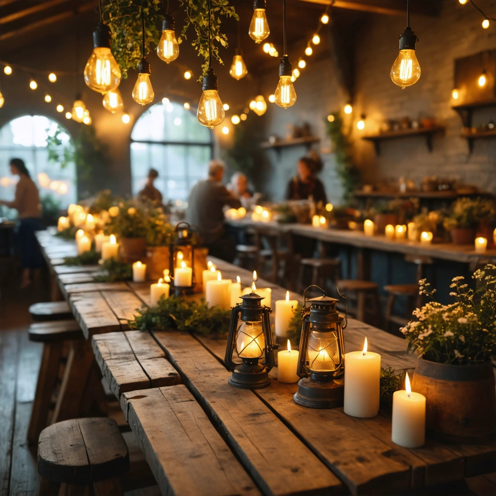 Réception conviviale éclairée par des guirlandes lumineuses, des bougies et des lanternes, créant une ambiance douce et chaleureuse dans une pièce avec une lumière tamisée.