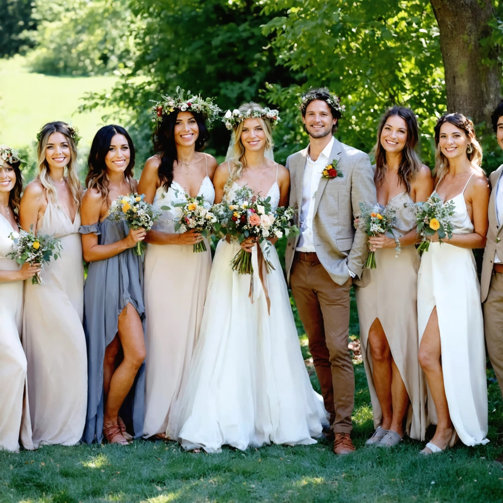 Un mariage bohème chic en plein air, avec des invités habillés de tenues colorées et décontractées, des robes longues, des matières naturelles comme le lin et le coton, des vestes dépareillées et des accessoires fleuris. La mariée porte une robe vintage avec une couronne de fleurs. Ambiance conviviale et élégante dans un jardin en été.
