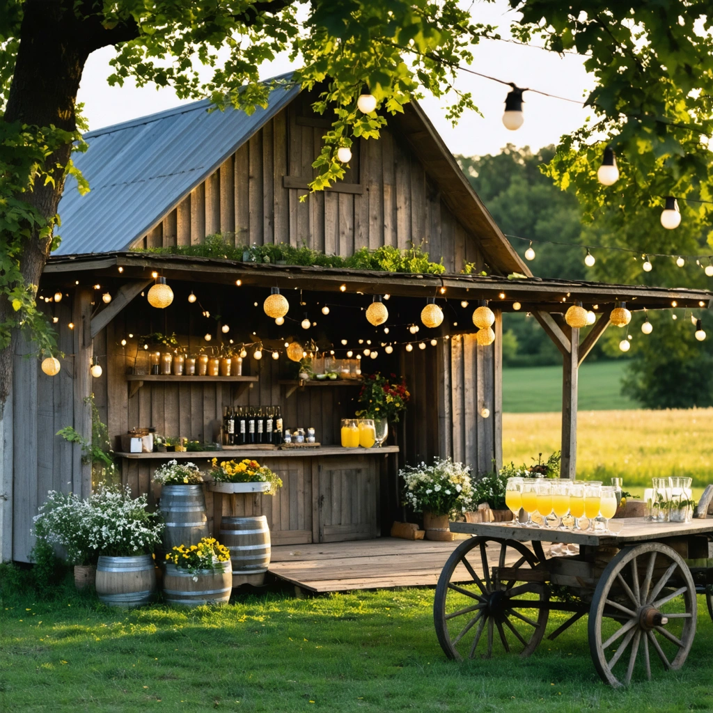 Une grange en bois entourée de verdure et de guirlandes lumineuses, avec une vieille charrette transformée en bar à limonade, dans un décor champêtre chic pour un mariage.