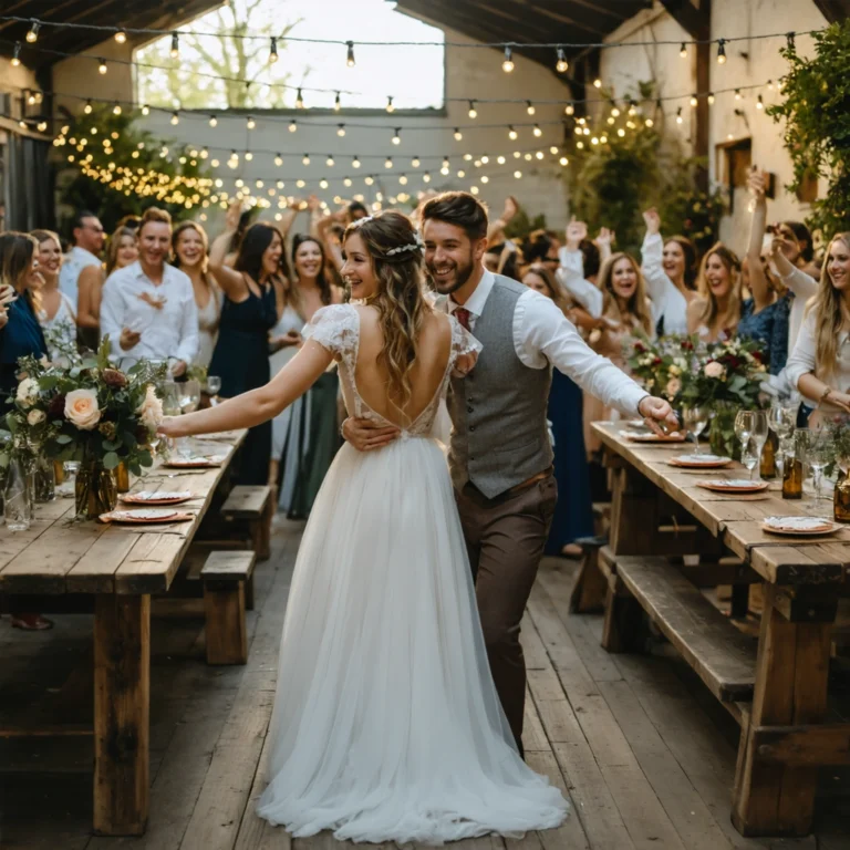 Réception de mariage atypique dans un atelier artistique décoré, avec des invités en fête autour de longues tables.