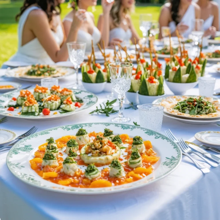 Table de mariage élégante avec un menu végétarien plein de couleurs et de plats festifs, entourée d’invités souriants en habits de fête.
