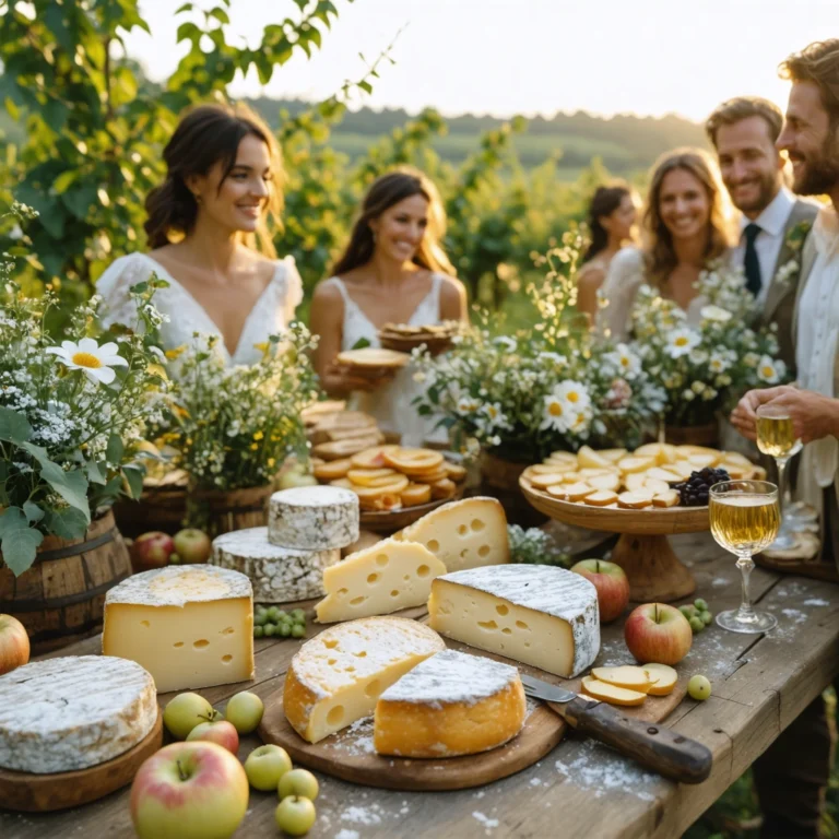 Un petit mariage convivial en Normandie avec une table rustique, des fromages locaux et des invités souriants sous la lumière dorée parmi des pommiers.