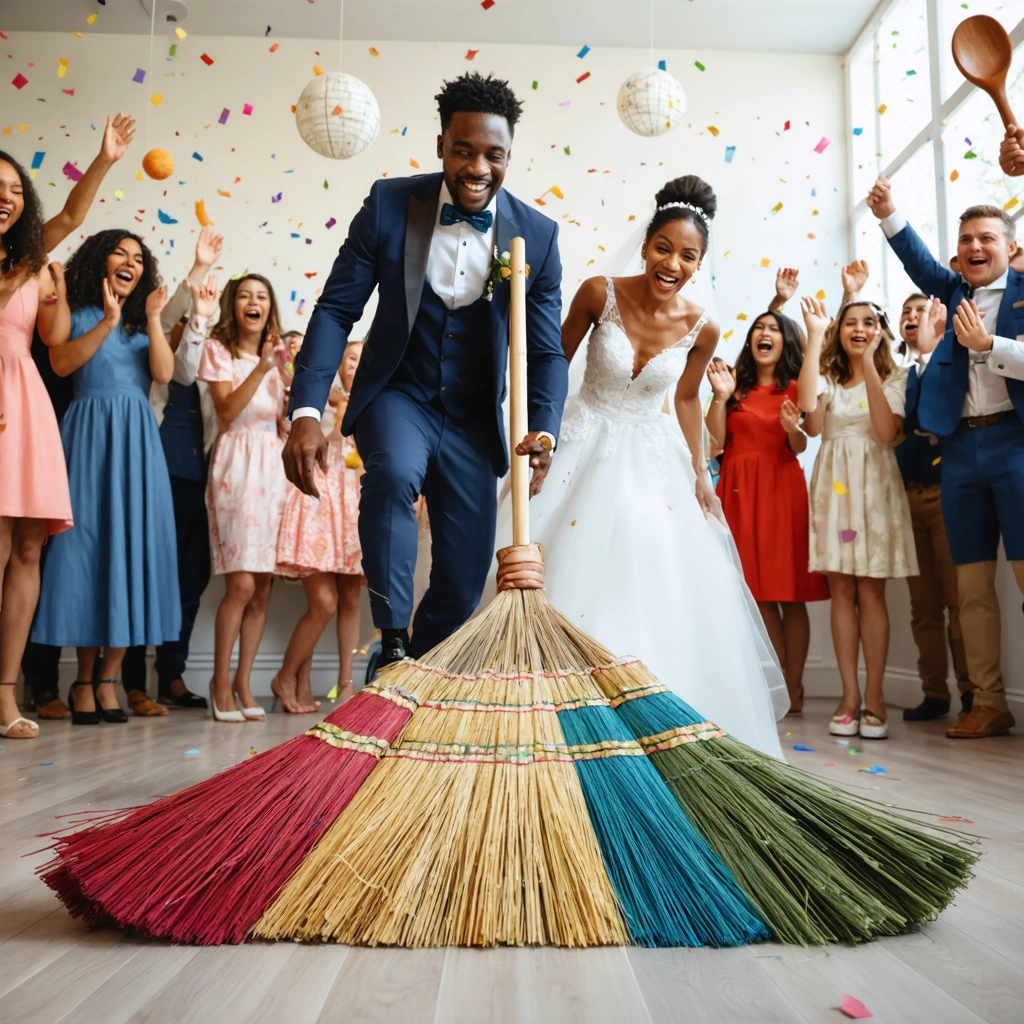 Scène de mariage festive avec des mariés sautant au-dessus d'un balai et des invités tapant du pied, illustrant des rites de différents pays utilisant des objets du quotidien.