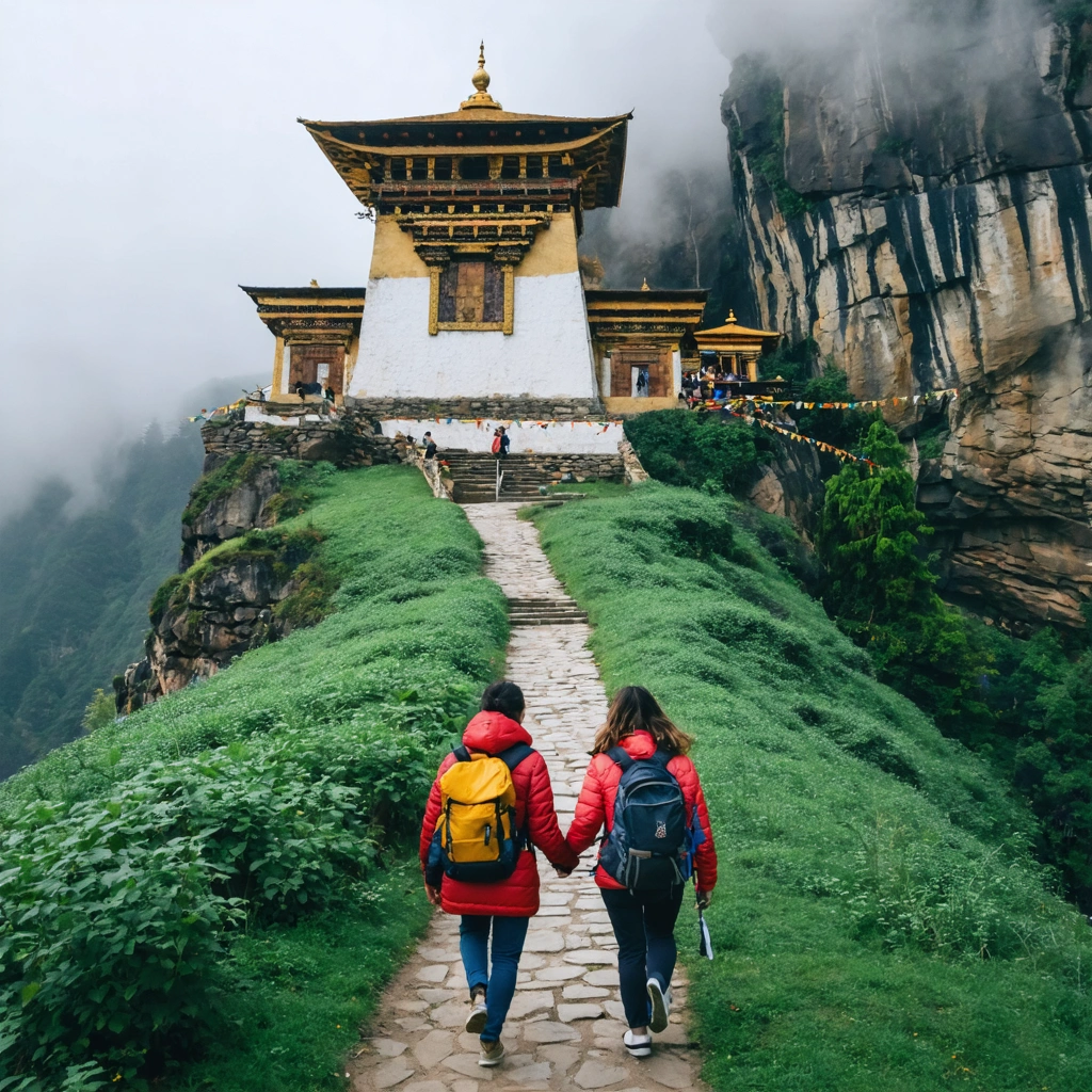 Un couple marche main dans la main sur un sentier de montagne verdoyant au Bhoutan, en direction du célèbre monastère du Nid du Tigre perché sur une falaise, entouré de forêts et de drapeaux de prières colorés.