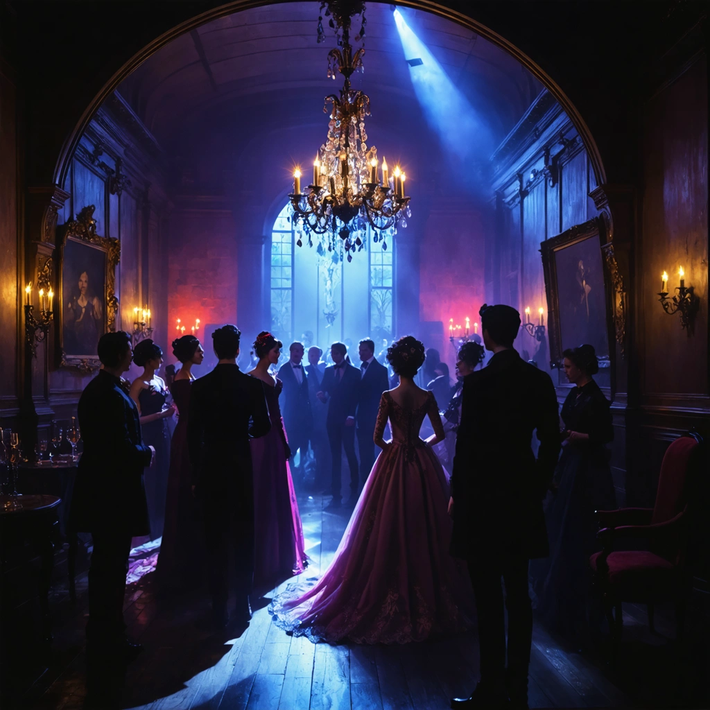 Invités élégants en costumes de soirée, certains déguisés en vampires, explorent un manoir hanté aux couloirs sombres et aux chandeliers brillants, entourés de portraits mystérieux, créant une ambiance à la fois glamour et effrayante.