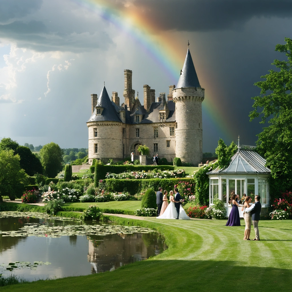 Un château en Normandie entouré de prairies verdoyantes, de jardins fleuris et d’un étang, avec des invités célébrant pieds nus sur l’herbe sous des tilleuls, sous un ciel nuageux traversé par un arc-en-ciel, et une orangerie près du château.