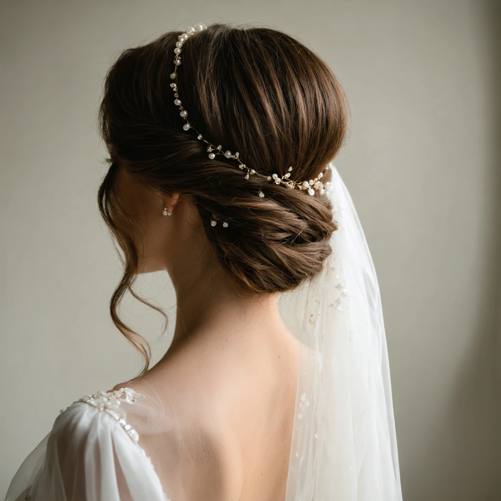 Une mariée aux cheveux bruns coiffés élégamment, portant des ornements subtils comme des épingles perlées, un headband fin ou une mini-tiare pour fixer son voile, le tout dans une ambiance de mariage raffinée.