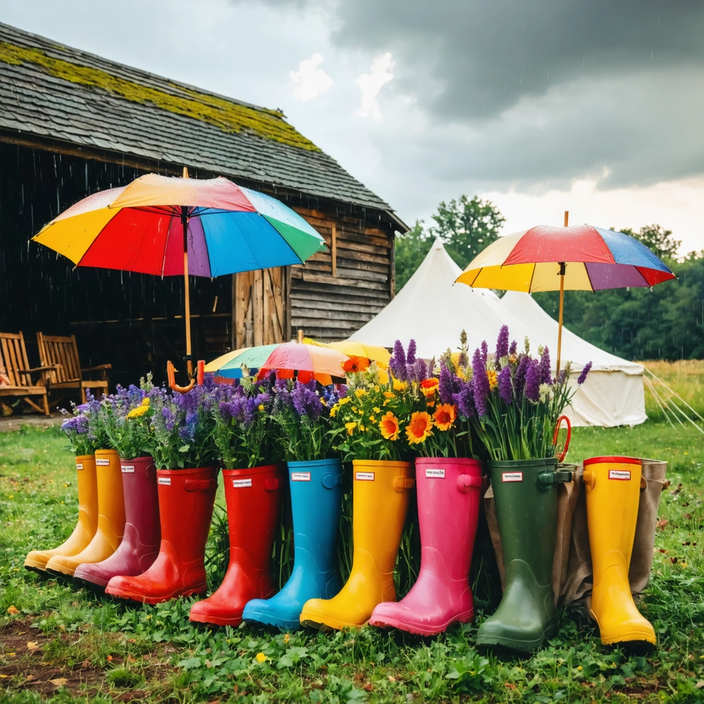 Invités d'une fête champêtre se protégeant de la pluie sous des parapluies colorés, avec des bottes en caoutchouc, près d'une grange couverte et d'un chapiteau.