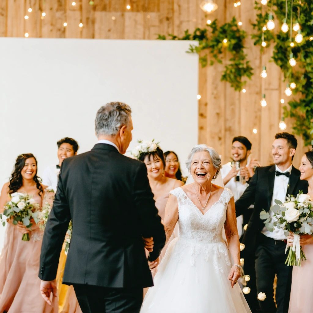 Un photographe de mariage en action, capturant discrètement des moments spontanés et émouvants parmi les invités, comme des rires et des regards complices.