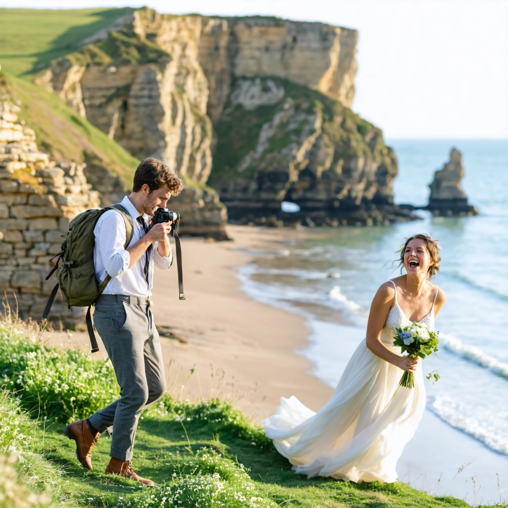 Jeune photographe de mariage en Normandie, appareil photo à la main, cherchant le meilleur angle sur la côte normande, avec un couple en tenue de mariage riant devant les falaises.
