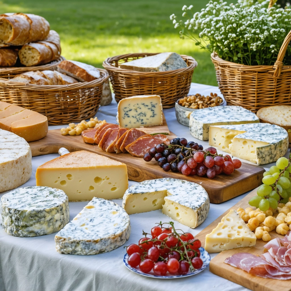 Plateau champêtre avec fromages variés, charcuteries, pains rustiques et alternatives végétariennes sur une table de mariage en plein air