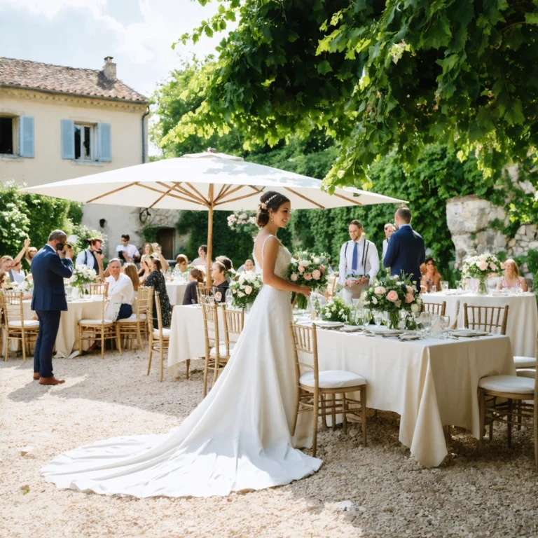 Scène réaliste d’un mariage français avec les mariés, des invités, une décoration élégante et des listes de préparation en arrière-plan.