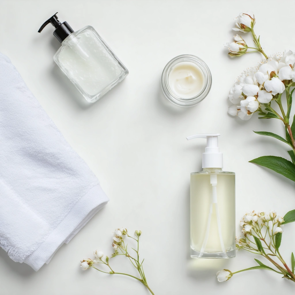 Des produits de soin du visage disposés sur une surface claire avec une serviette douce, une crème hydratante, un flacon d’eau florale à vaporiser et un exfoliant, évoquant la préparation délicate de la peau avant une occasion spéciale.