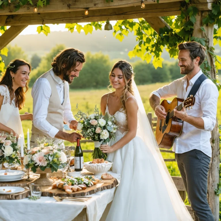 Scène réaliste illustrant des prestataires locaux de mariage accueillant et conseillant un couple dans une ambiance chaleureuse de campagne française.