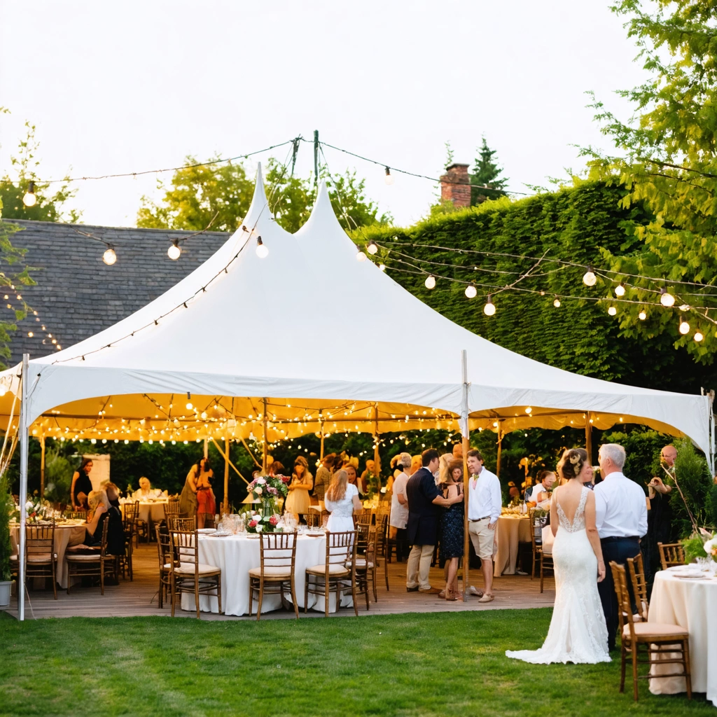 Une réception de mariage animée dans un grand jardin familial, avec une tente blanche, des guirlandes lumineuses colorées et des membres de la famille qui décorent ensemble dans une ambiance conviviale.