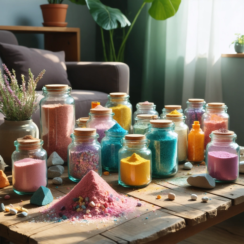 Des bocaux remplis de poudres colorées, de sel aromatisé et de petites pierres sont posés sur une table dans un salon lumineux, représentant une version originale du rituel du sable sans grains de plage.