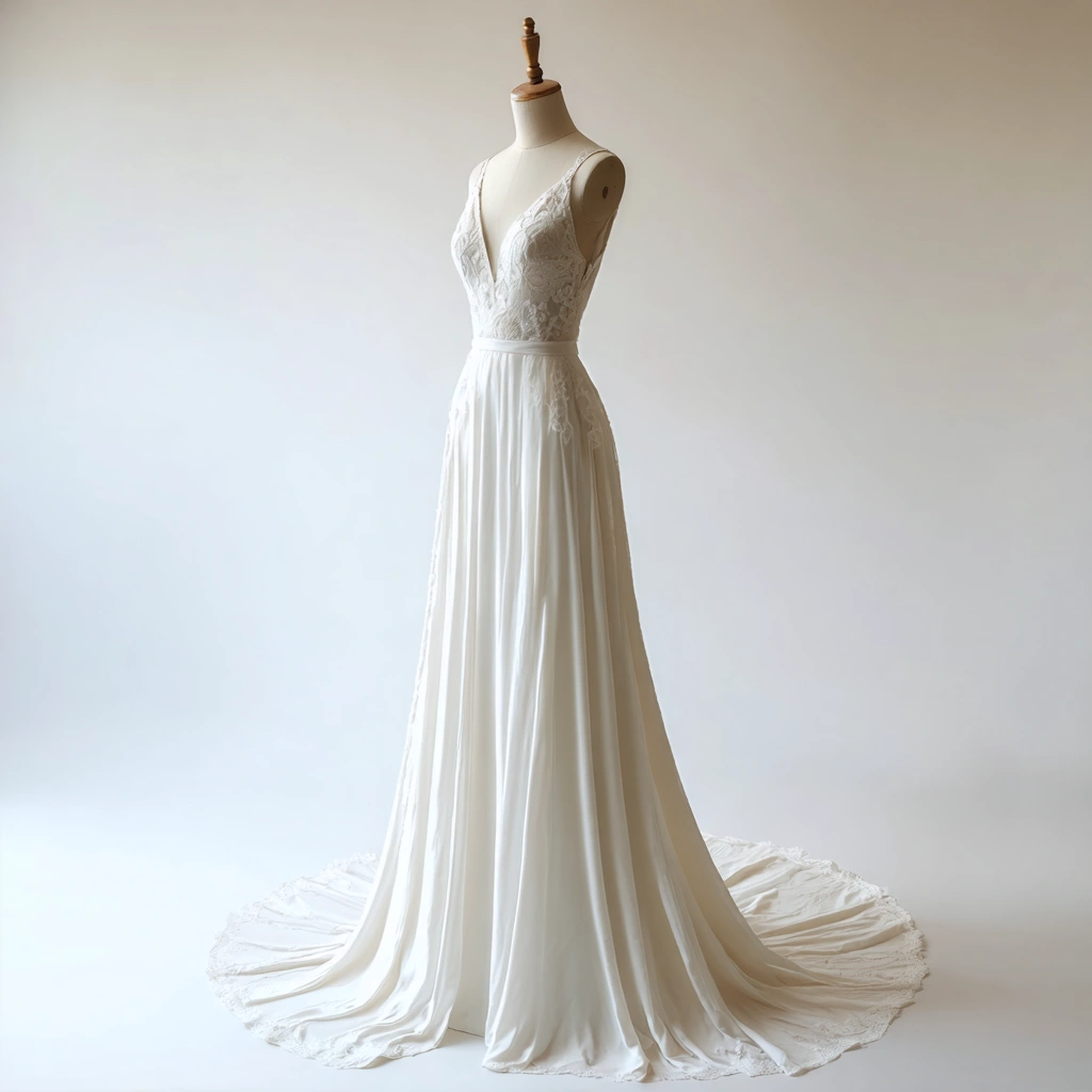 Robe de mariage civil originale sur mannequin, en crepe, soie, lin et dentelle fine, dans un studio épuré et élégant.