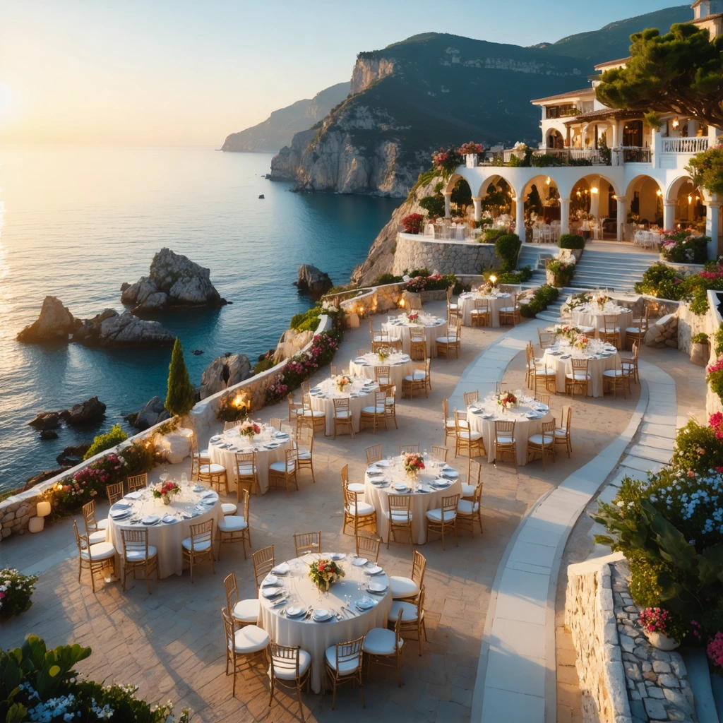 Salle de mariage élégante avec vue panoramique sur la mer au coucher du soleil, entourée de rochers et de plage de sable, tables dressées à l’extérieur et accès facile au site.