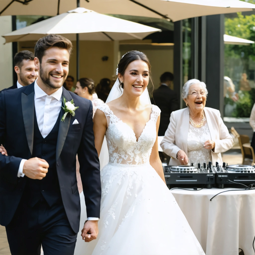 Un photographe capture discrètement une scène naturelle de mariage : les mariés se tiennent la main, leur grand-mère rit, et un cousin joue les DJ, tous souriants dans une ambiance authentique.