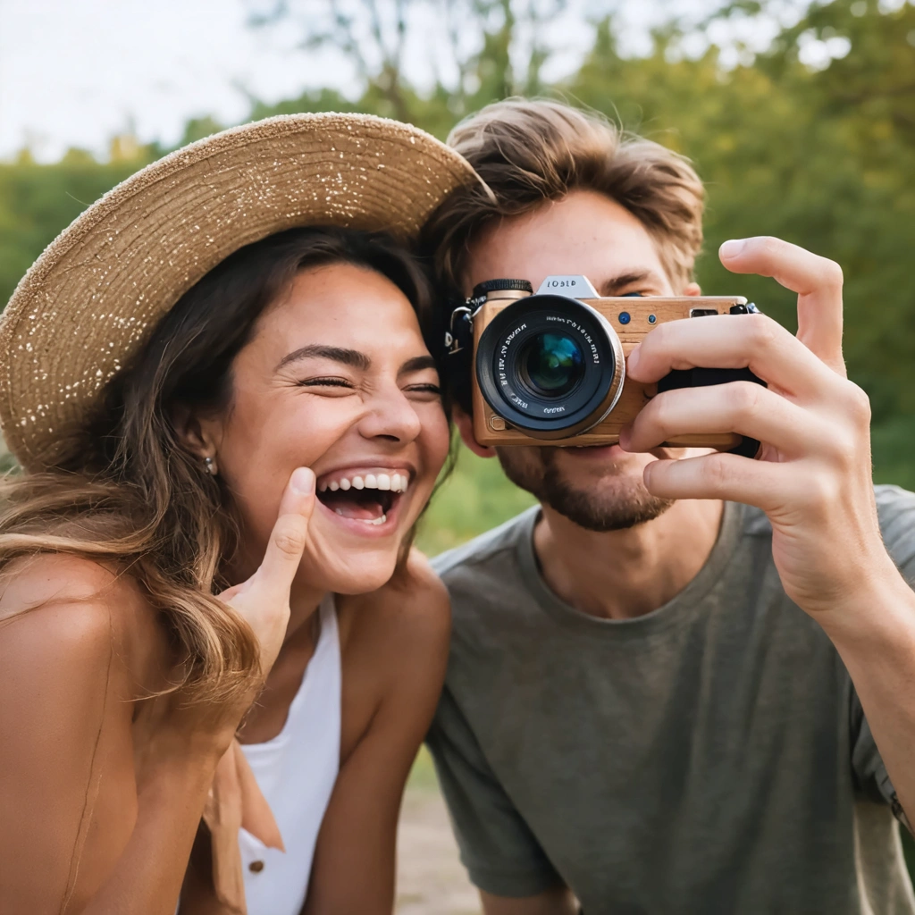 Un couple s'amuse à se prendre en photo de manière spontanée en extérieur, avec des sourires naturels, des gestes tendres et des regards complices, dans un style reportage vivant et authentique.