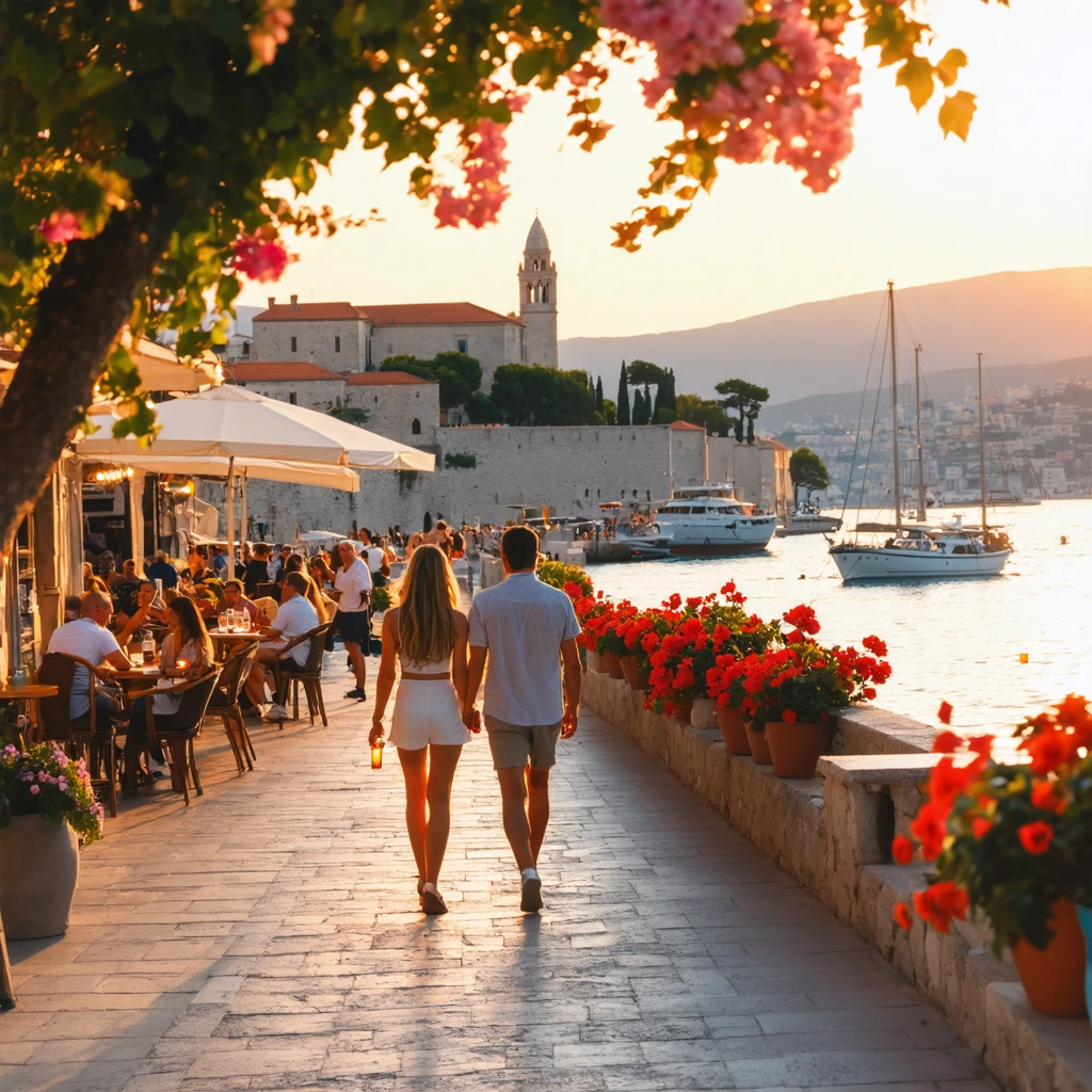 Un couple marche au coucher du soleil sur la promenade de Split, avec le palais de Dioclétien en arrière-plan et les îles croates visibles sur la mer, ambiance méditerranéenne animée.