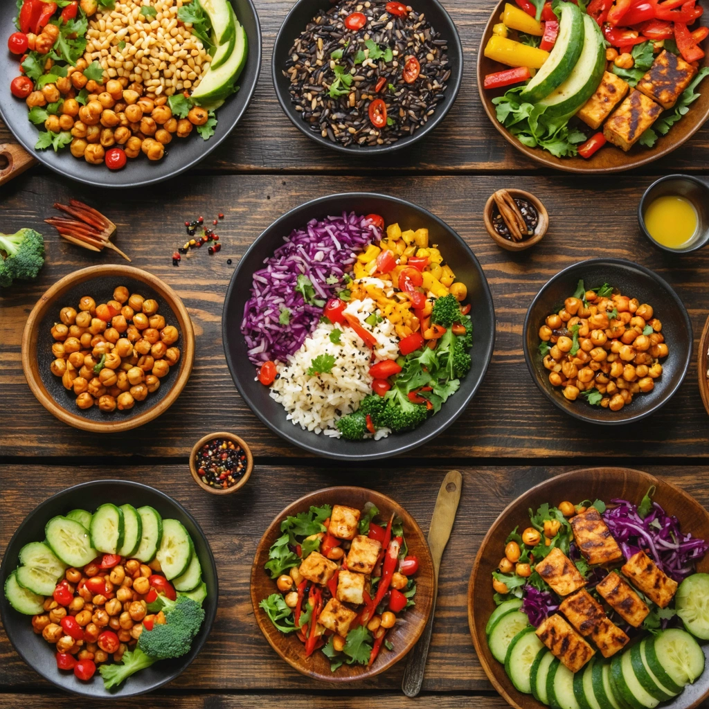 Une grande table en bois couverte de plats végétariens colorés et variés, avec des légumes grillés, du riz noir, des pois chiches et du tofu, présentée dans une ambiance festive et dynamique, évoquant l’esprit rock'n'roll sans viande.