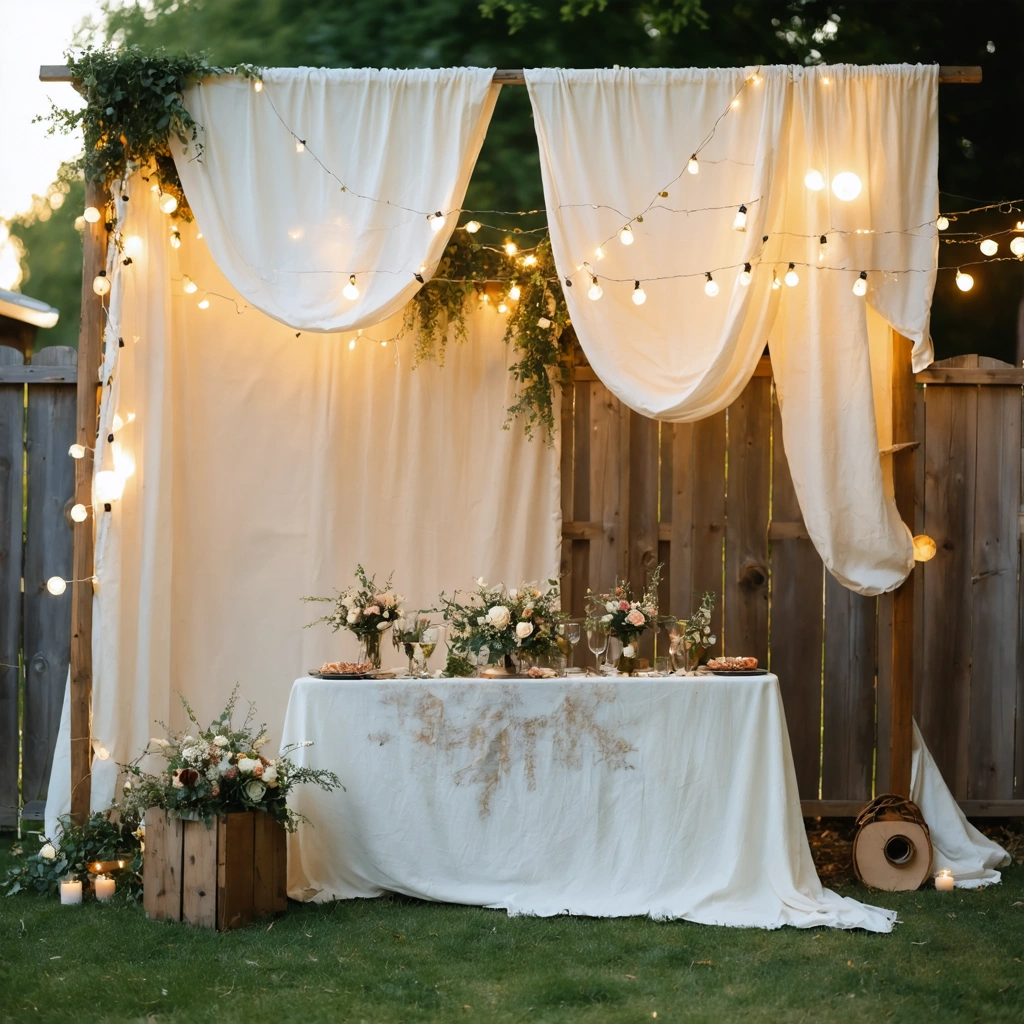 Décoration de mariage en plein air utilisant de vieux rideaux et une nappe relookée, habillant une arche et une table, avec des lumières guinguette et des branchages pour créer un espace chaleureux et créatif.