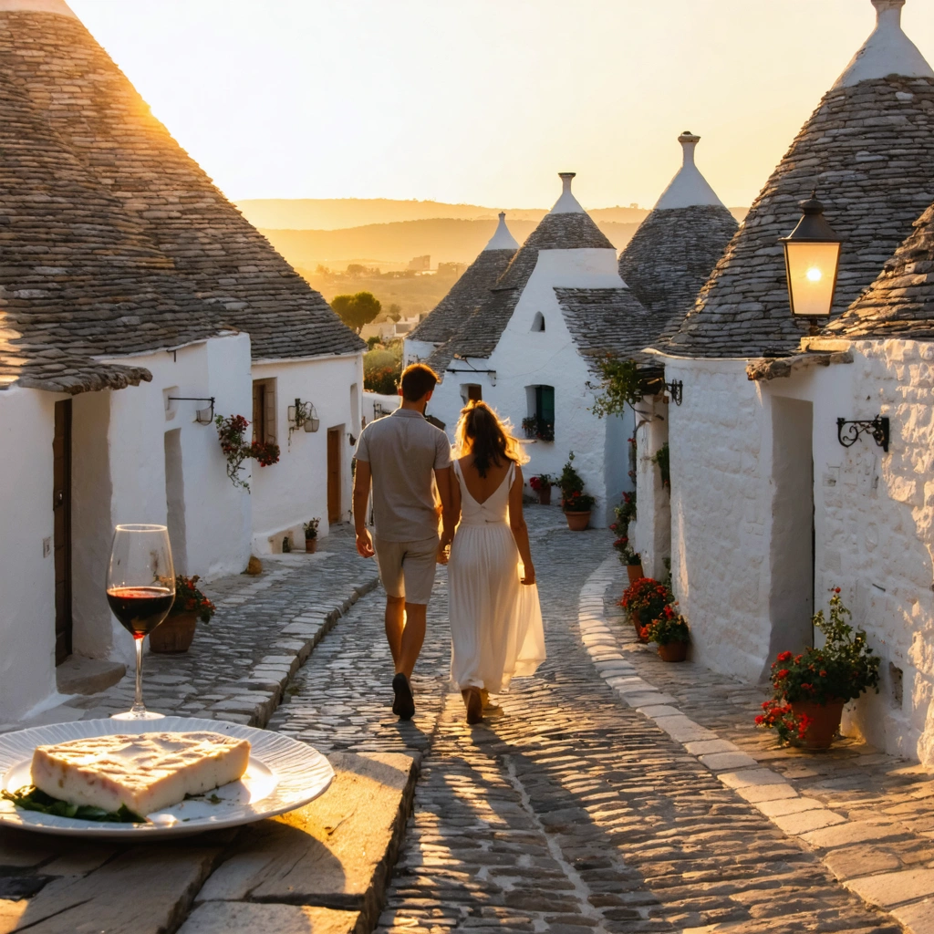 Un couple marche main dans la main au coucher du soleil parmi les trulli blancs d'Alberobello, avec une ambiance romantique, des rues pavées et une légère évocation de gastronomie italienne.