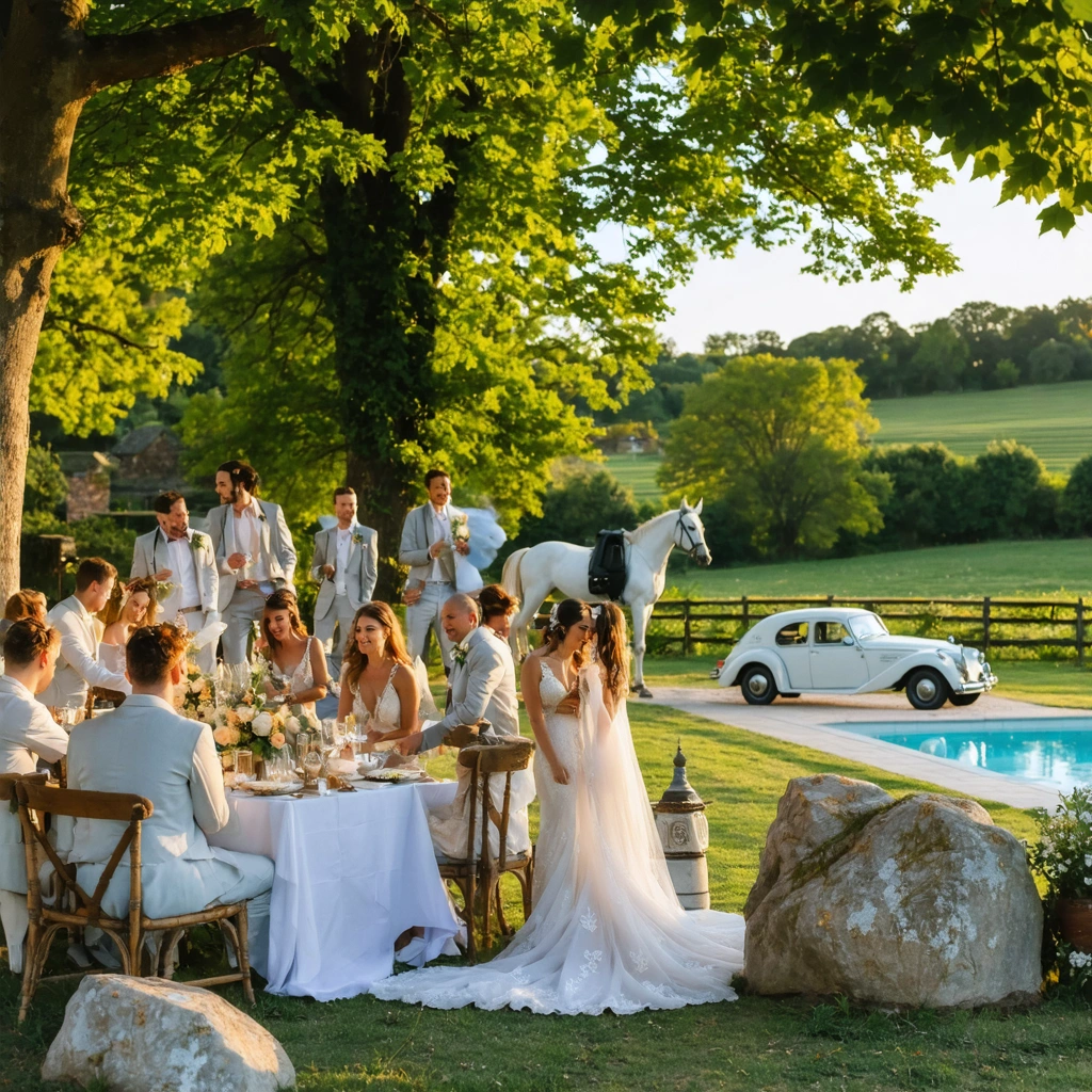 Des invités de mariage profitent d'un week-end festif dans un domaine champêtre, certains déjeunent en extérieur sous des arbres, d'autres discutent en pyjama près des chambres, une piscine et un cheval blanc sont visibles en arrière-plan.